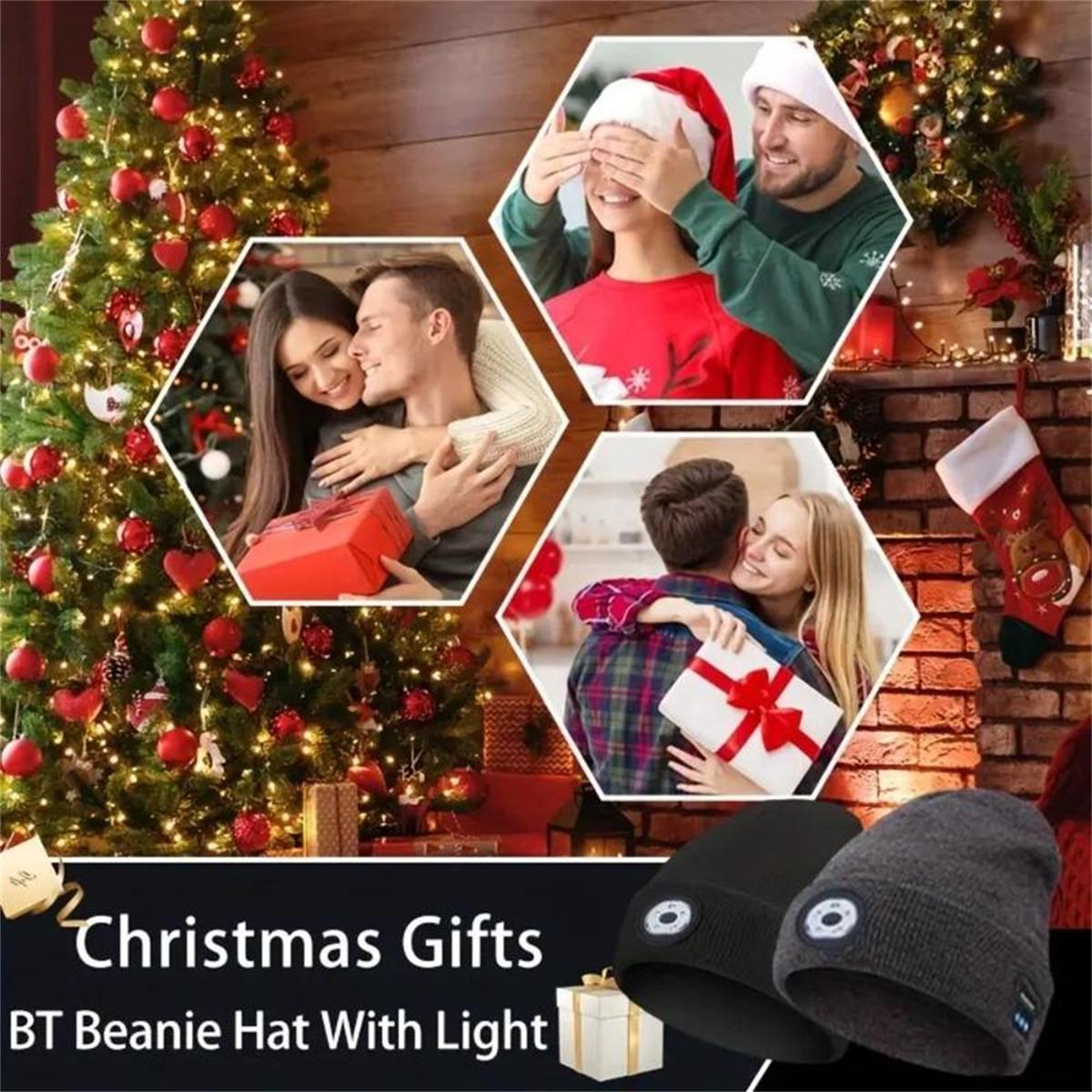 Bluetooth Beanie with LED Headlight and Removable Speaker, USB Rechargeable Wireless Knit Winter Cap Built-in Microphone for Music and Calling, Unisex Christmas Birthday Gift for Men Him Husband Teen