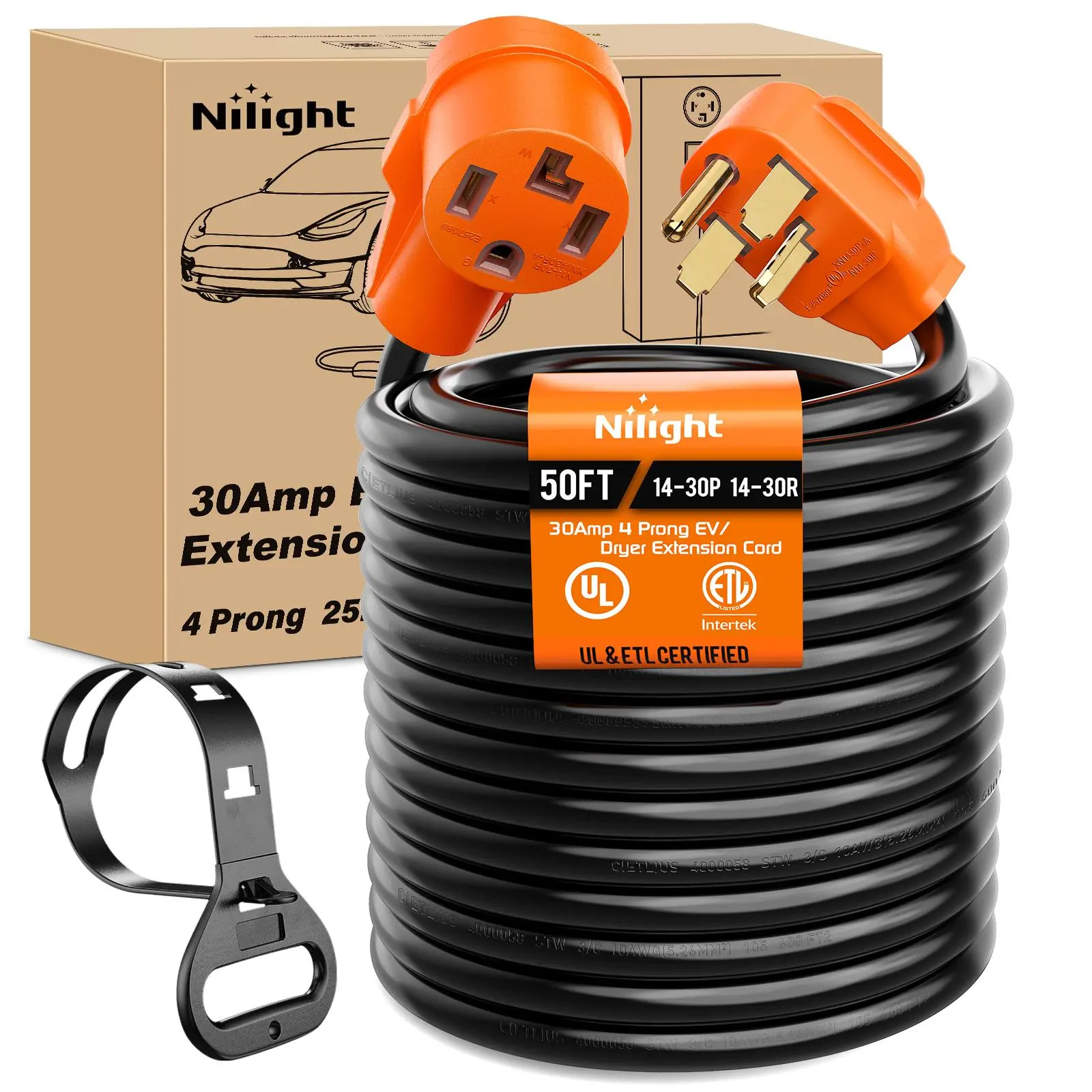 Nilight 50FT EV Dryer Extension Cord 4 Prong 30 Amp NEMA 14-30P 14-30R Old Cable Heavy Duty 10 Gauge Pure Copper Wire UL Listed 125/250V for Level 2 Using