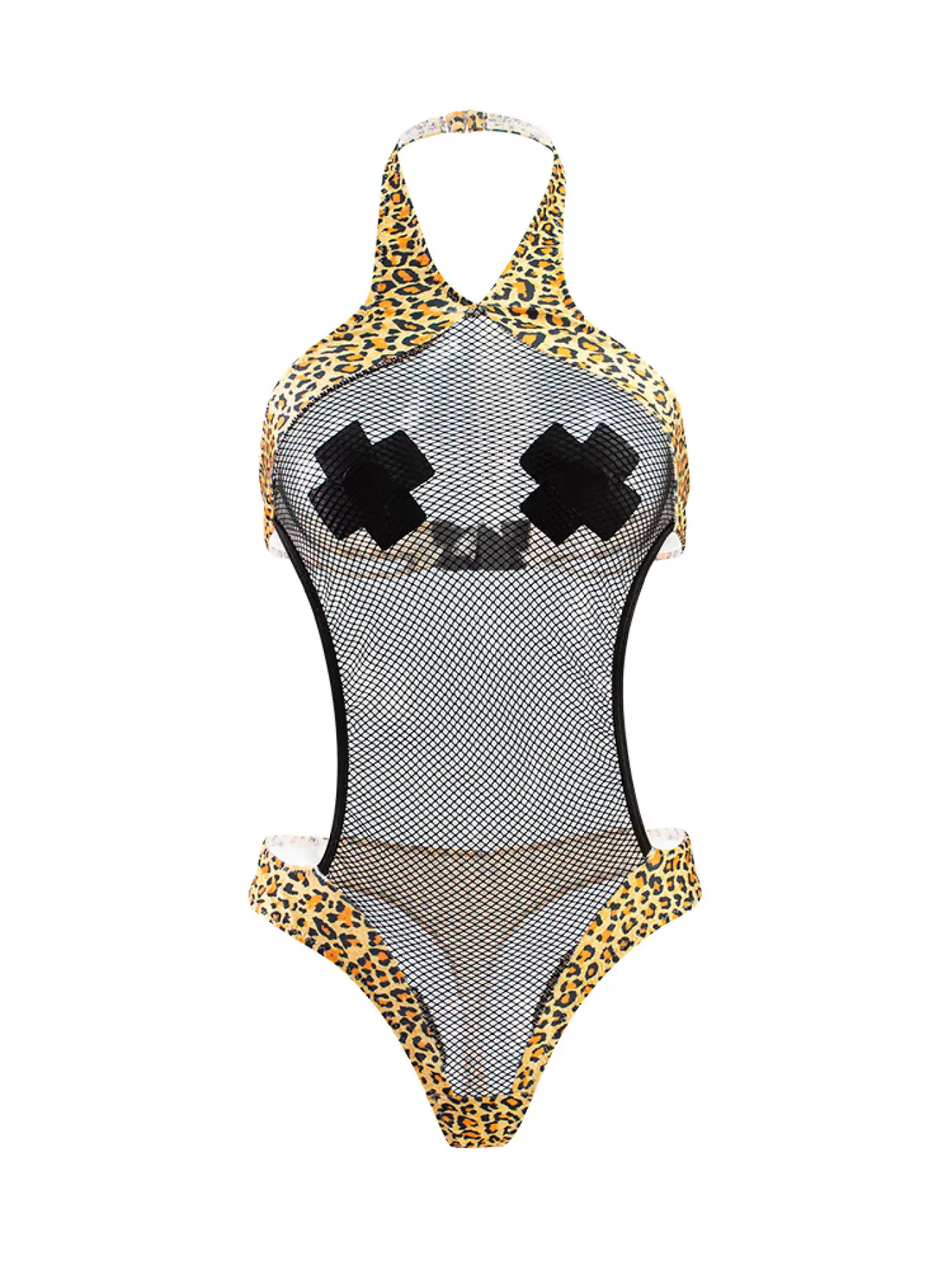 Women Sexy Sheer Mesh Leopard Print Printed Bodysuit Set Jumpsuit 3 Piece Set with 2 Nipple Covers Girl's Curve Bodysuit Adult Pajamas for Night Out or Boyfriend Gift