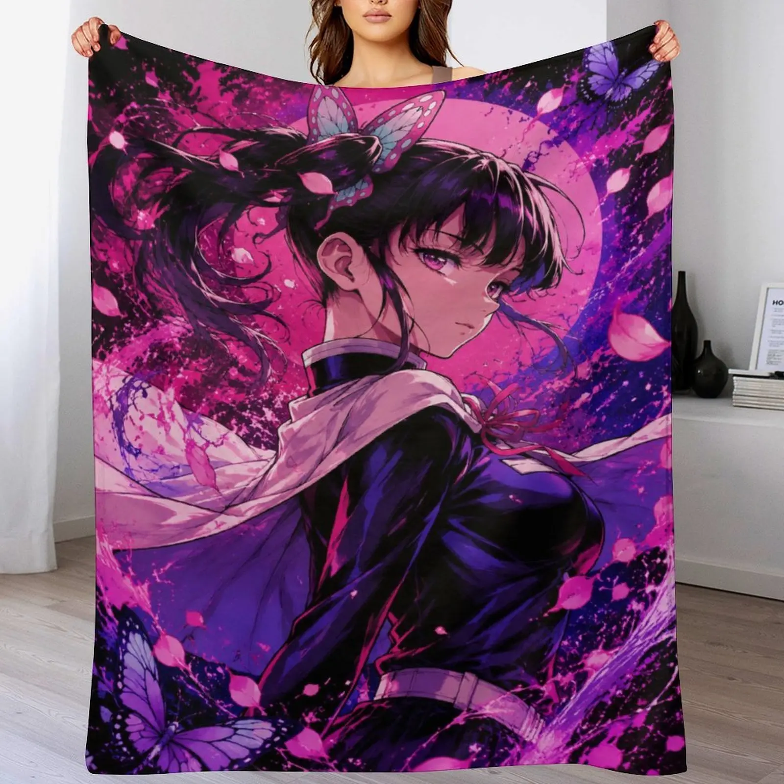Demon Slayer Anime Theme Fleece Blanket, Soft Flannel Warm Throw with Butterfly Motif, Kanao-Inspired Home Decor Gift for Anime Fans