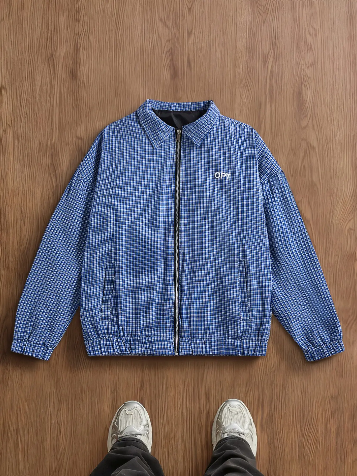 Men's retro fine grid woven fabric lapel Harrington jacket front zipper placket OPT letter casual jacket elastic cuffs hem slanted pocket lightweight windproof daily street outerwear