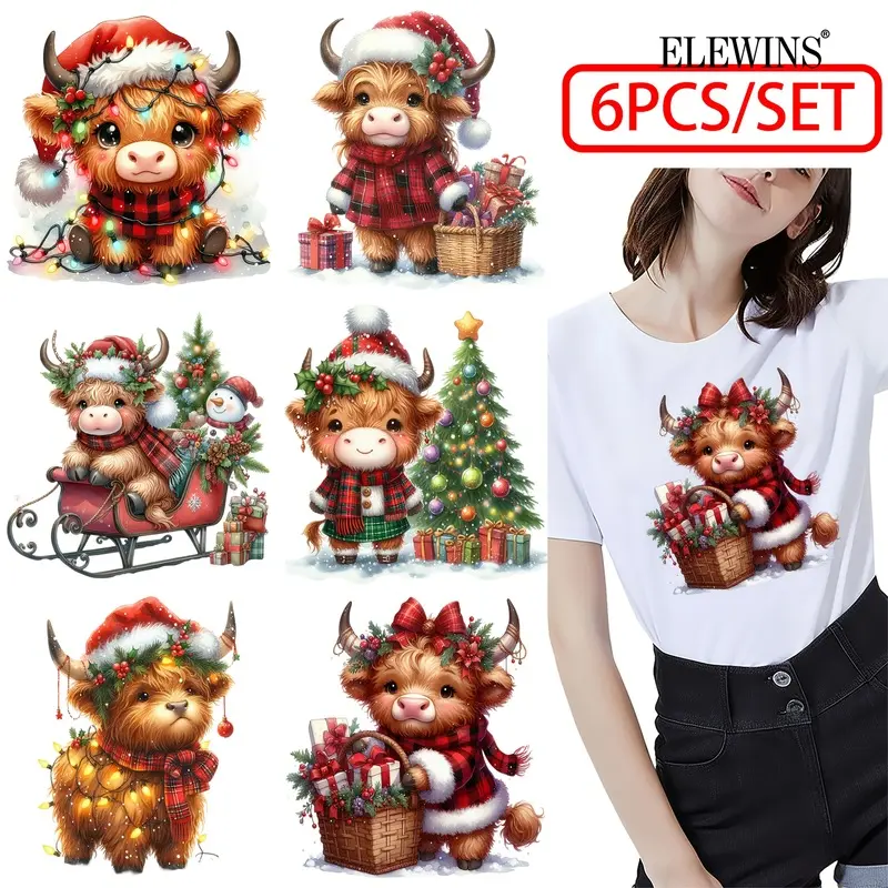 6PCS Christmas Highland Cow DTF Transfers Heat Transfer Stickers Iron on Reusable for T Shirts Hoodies Jeans Backpacks Pillows Machine Washable Plastic Decals Unisex