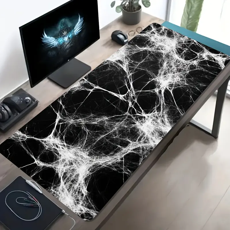 E-Sports Gaming Mouse Pad (12x24/16x32"), Black with White Spider Web Pattern, Non-Slip Washable Rubber Bottom, Dirt-Resistant for Smooth Motion, Gamers & Offices Desk Accessory, Ideal Gift for Gamers