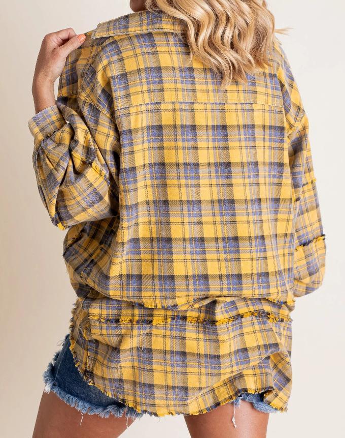 Women's Autumn and Winter New Frayed Lantern Sleeve Loose Button Plaid Shirt Top Womenswear