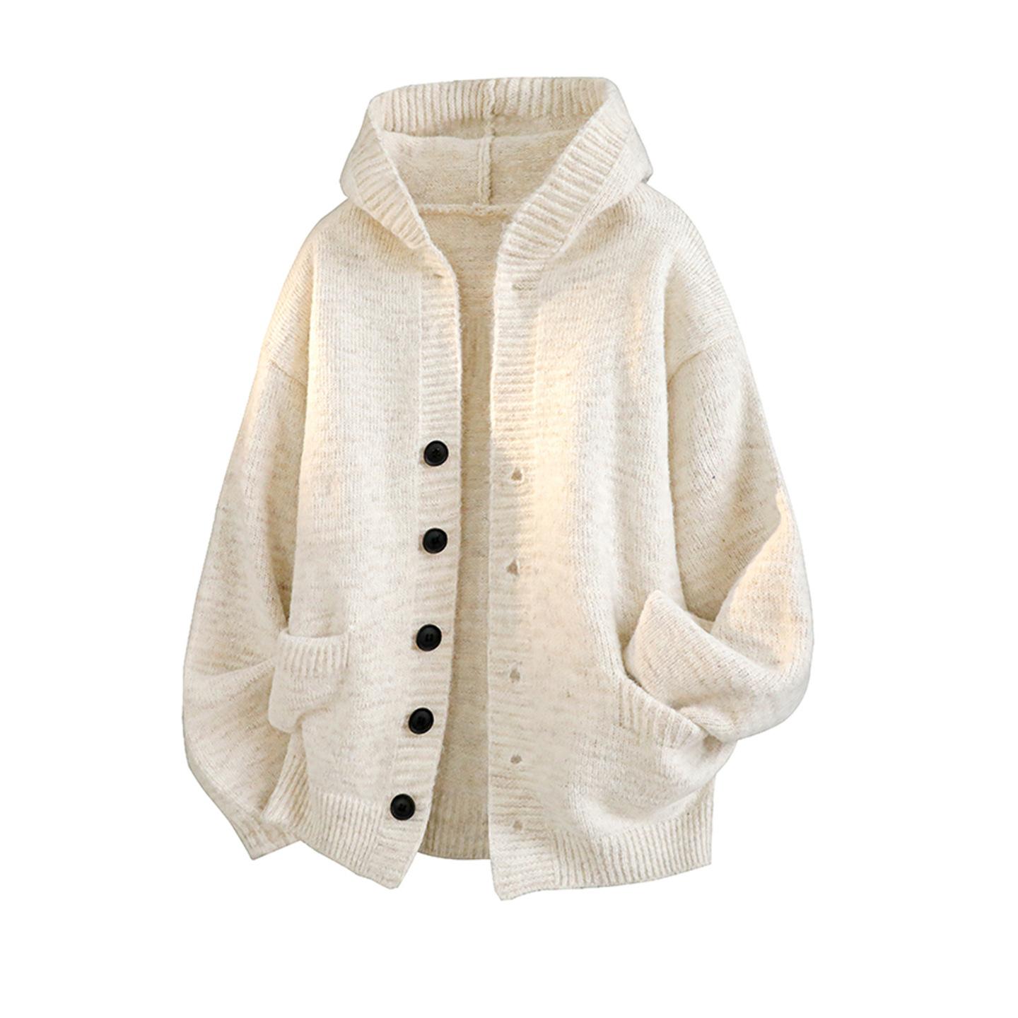 Hooded Cardigan Knitted Sweater Men's Autumn Winter Coat Seahorse Wool Lazy Loose Knitwear