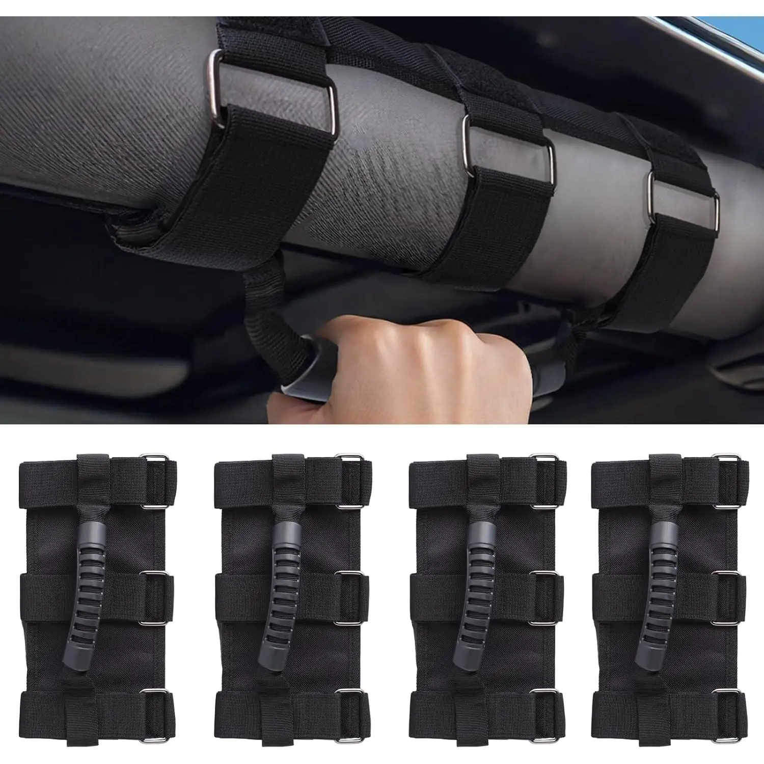 4 Pack Grab Handles for Jeep Wrangler CJ YJ TJ LJ JK JKU JL JLU & Gladiator JT (1955–Present) – Roll Bar Handles with Upgraded Metal Buckles & Reinforced Stitching, Easy Install Front & Rear