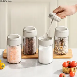 Glass Spice Jar with Bamboo Lid & Integrated Spoon | Multifunctional Seasoning Container for Kitchen Organization | Minimalist Spice Box for Salt & Spices