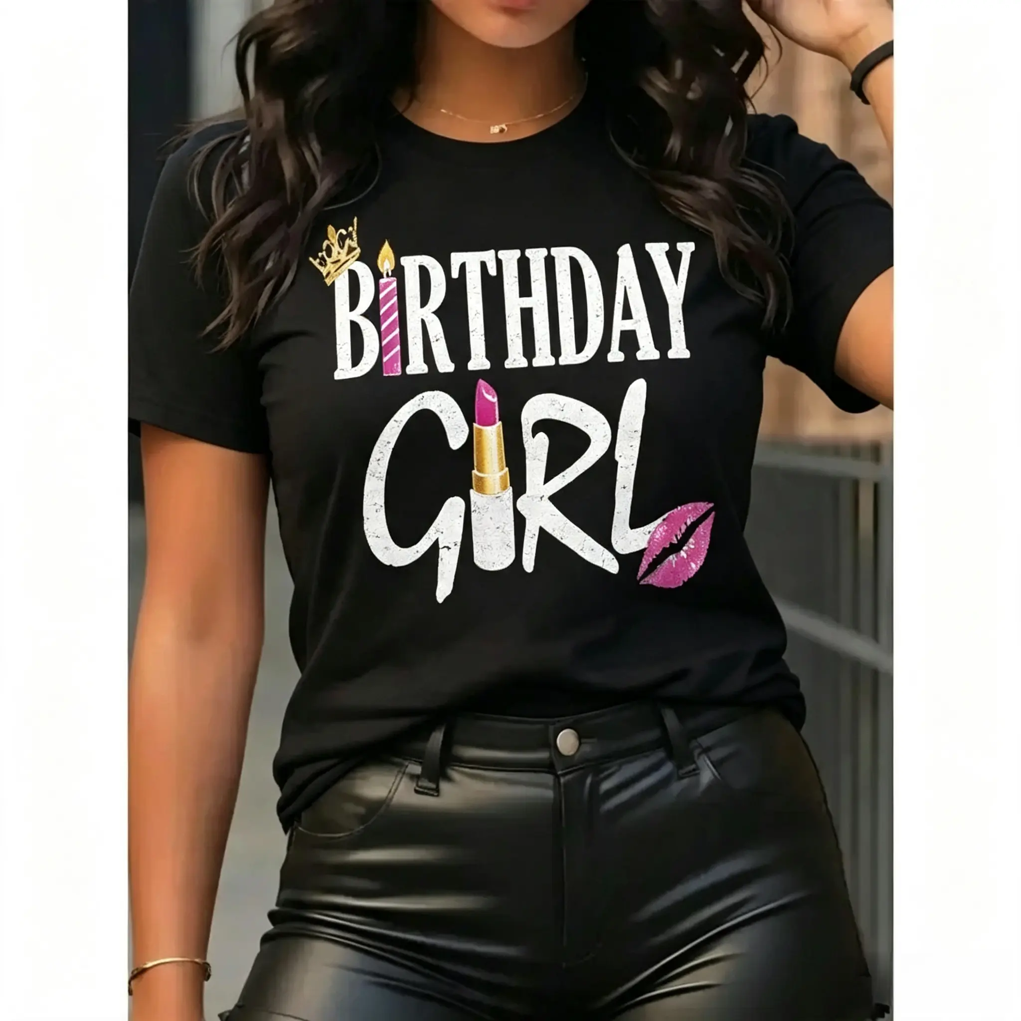 Women's Vintage Fitted Casual Graphic Tshirt - Short-Sleeve, Round Neck, Birthday Print Top for Summer Daily Wear, Shortsleeve, Breathable, Street, Basic, Streetwear, Bold Sarcastic Art, Cool All‑Day Wear