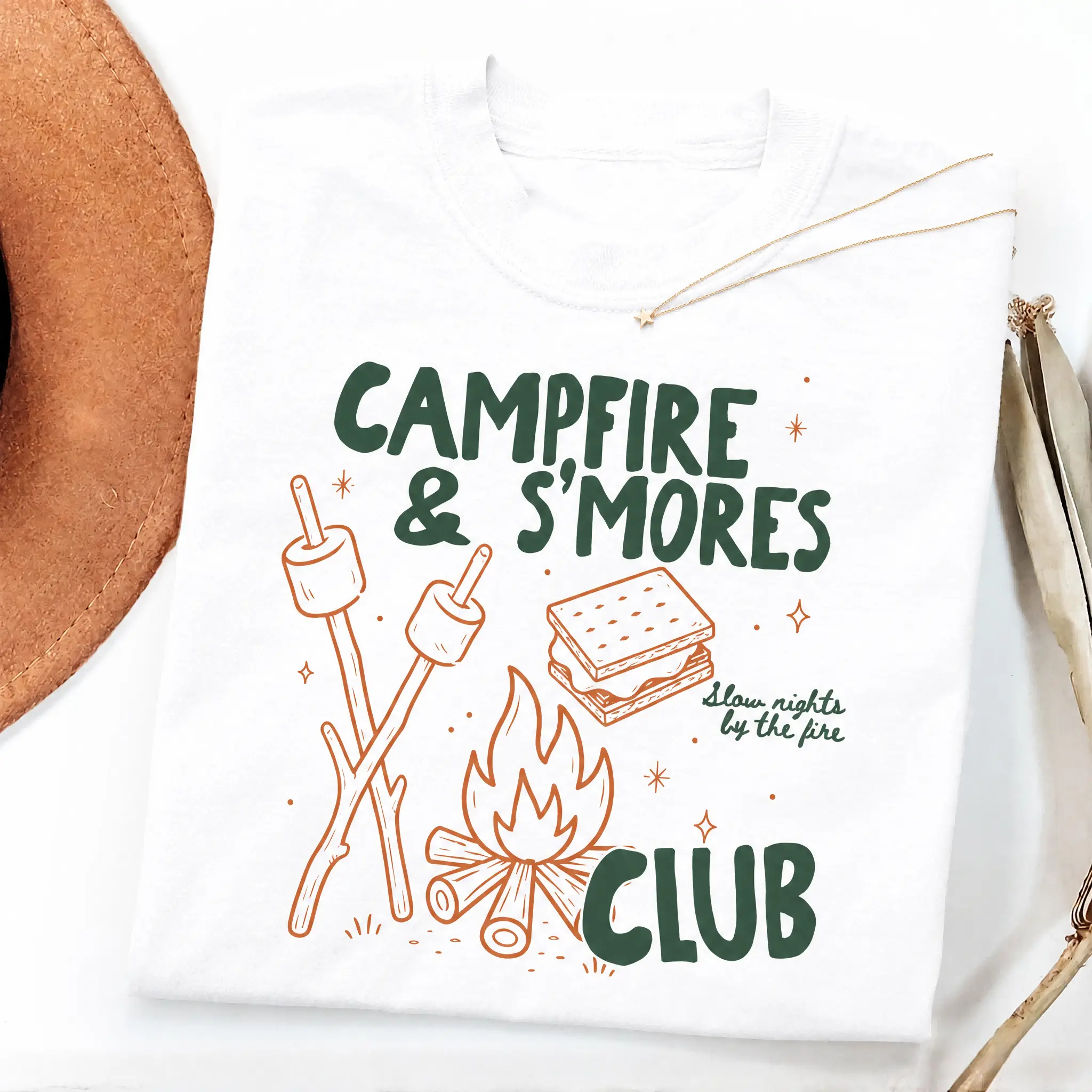 Campfire S'mores Club Camping Graphic Crew Neck T-Shirt, Soft Comfy Casual Hiking Vacation Summer Daily Outdoor Short Sleeve Top