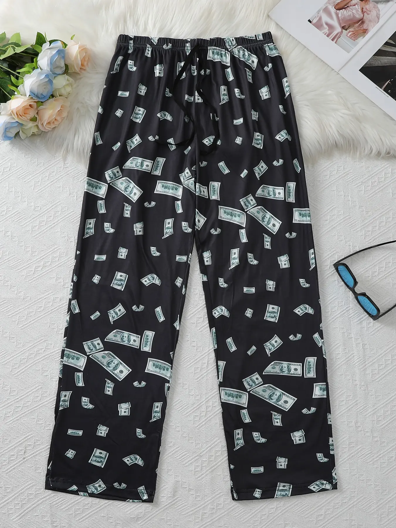 Men's Dollar Bill Print Sleep Pants, Fun Money Pattern, Fake Drawstring, Straight Leg, Loose Fit, Casual Home Wear, Single Pair