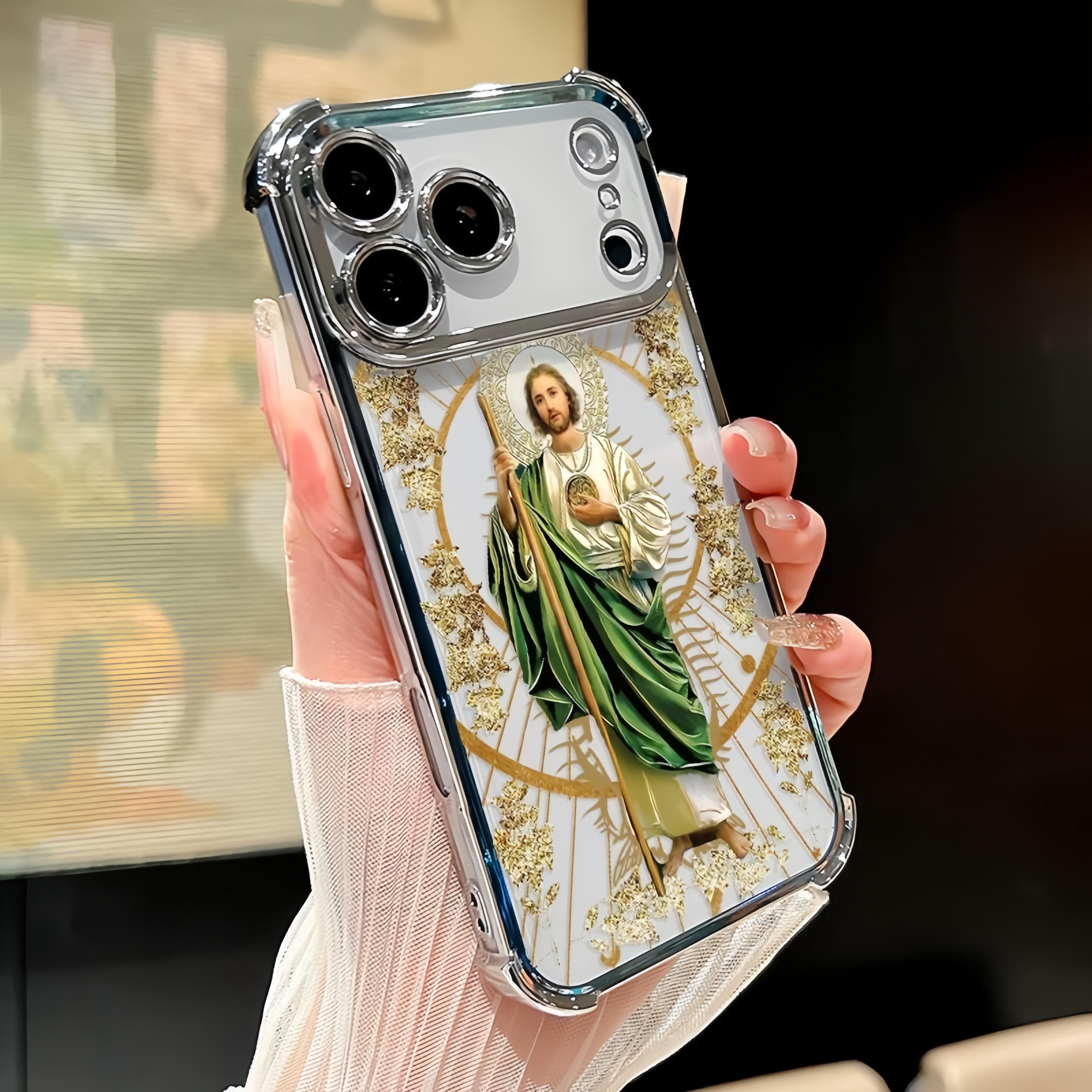 Luxury Saint Jude Thaddeus Transparent Electroplated Corner Shockproof Phone Case For iPhone 17 Pro Max 16 Air 15 Plus 14 13 12 11 E Heavy Duty Cushion Bumper Protective Cover Religious Gift For Men Women, Ideal Holiday Present