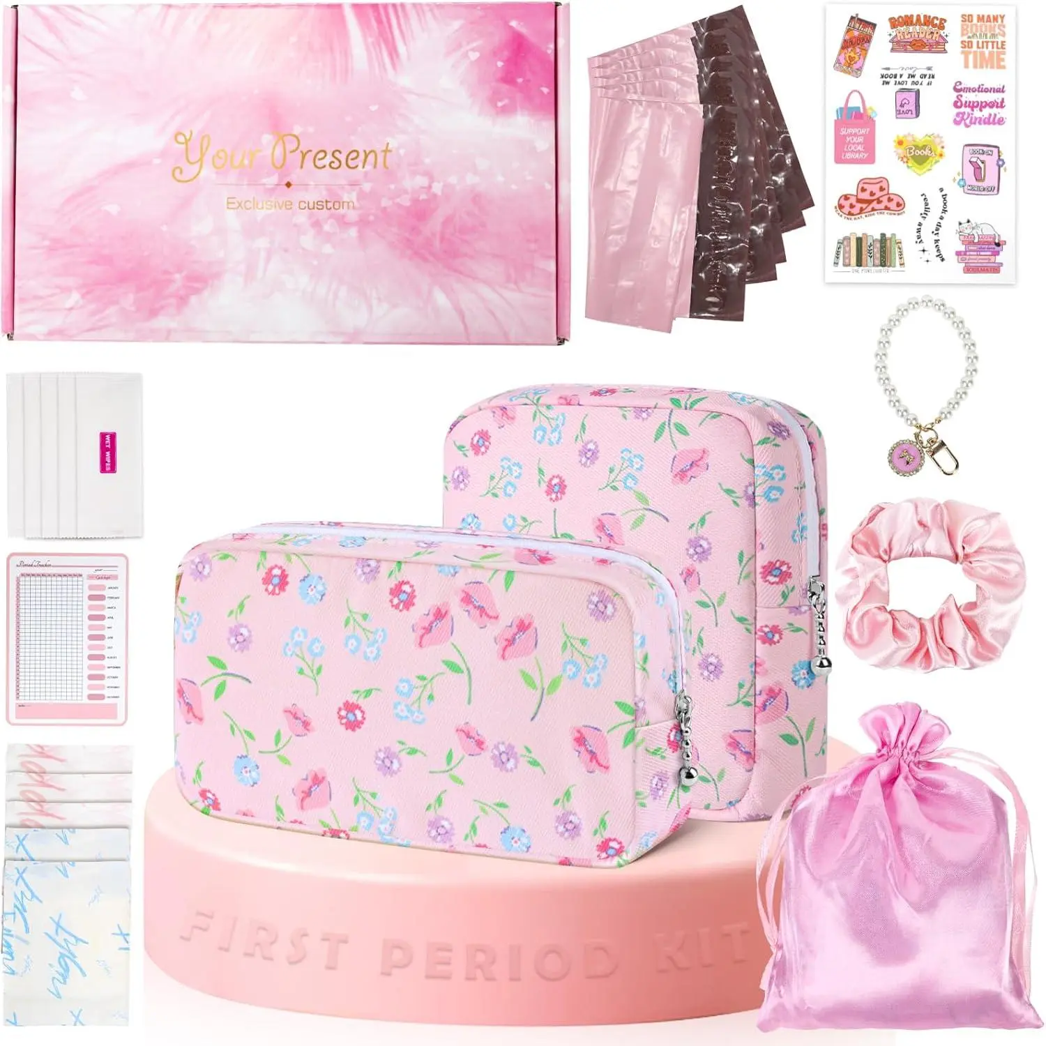 22 PCS First Period Starter Kit Gift for Teen Girls Period Bags for Teen Tweens Girls with Sanitary Pad Storage Bag, Wipes, Menstrual Tracker, Disposal Pouches and More (Pink Floral)