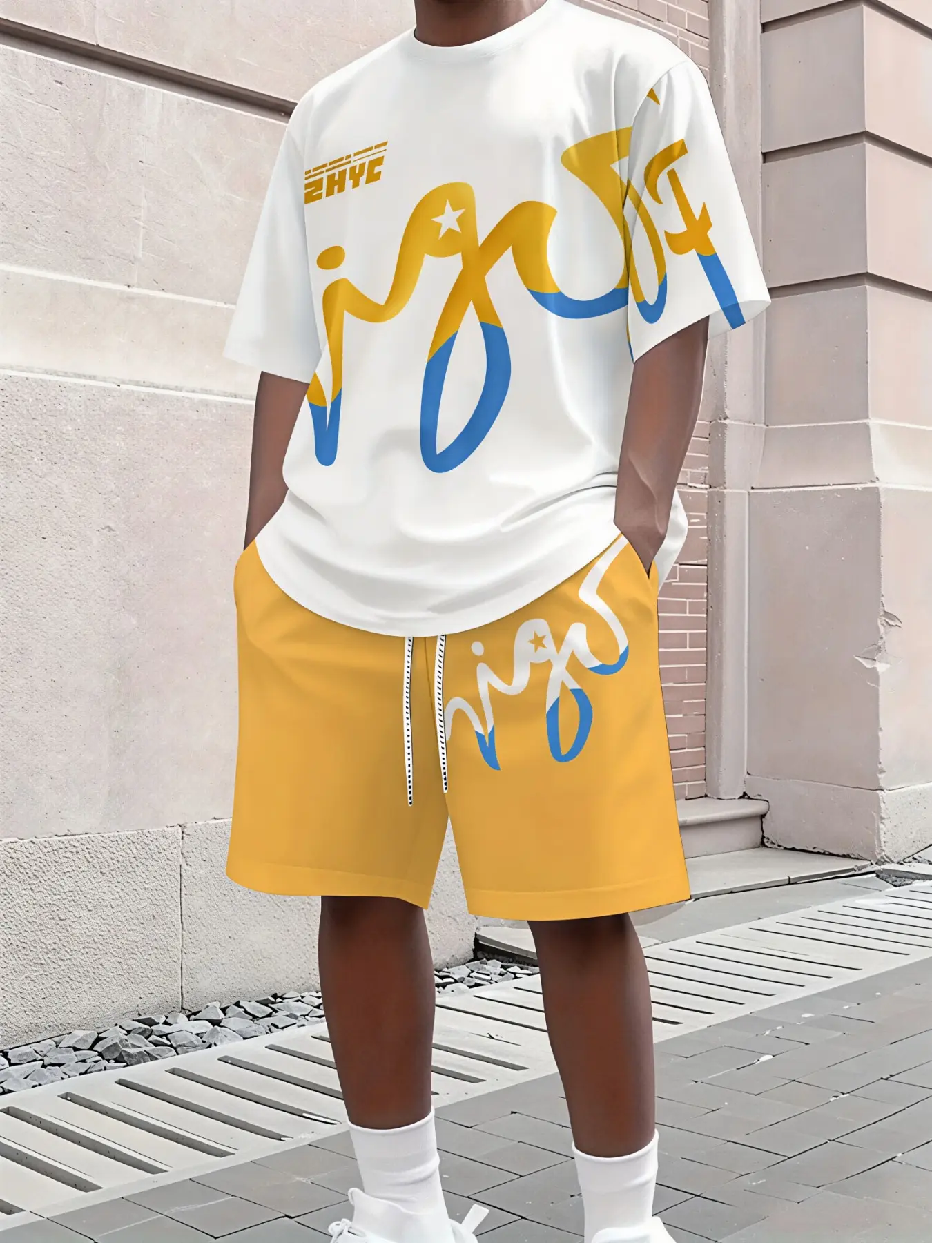 Men Vibrant Yellow Graffiti Letter Tracksuit, Bright Street Outfit For Dallas Summer Skate Camp & City Parade, Viral Teen Mens Hip Hop Daily 2Pcs Suit