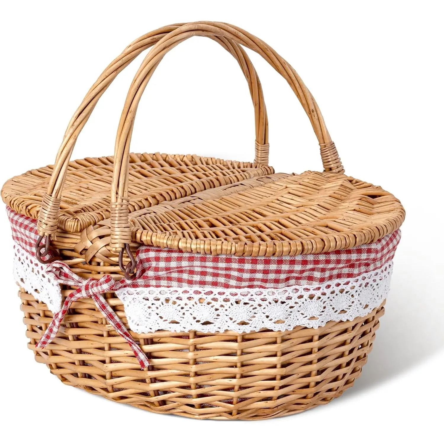 Picnic Basket, Wicker Basket with Lid, Woven Cute Basket with Handle, Storage Basket with Washable Lining & Dual-Flid Lid, Natural Willow Picnic Hamper, Red Lining