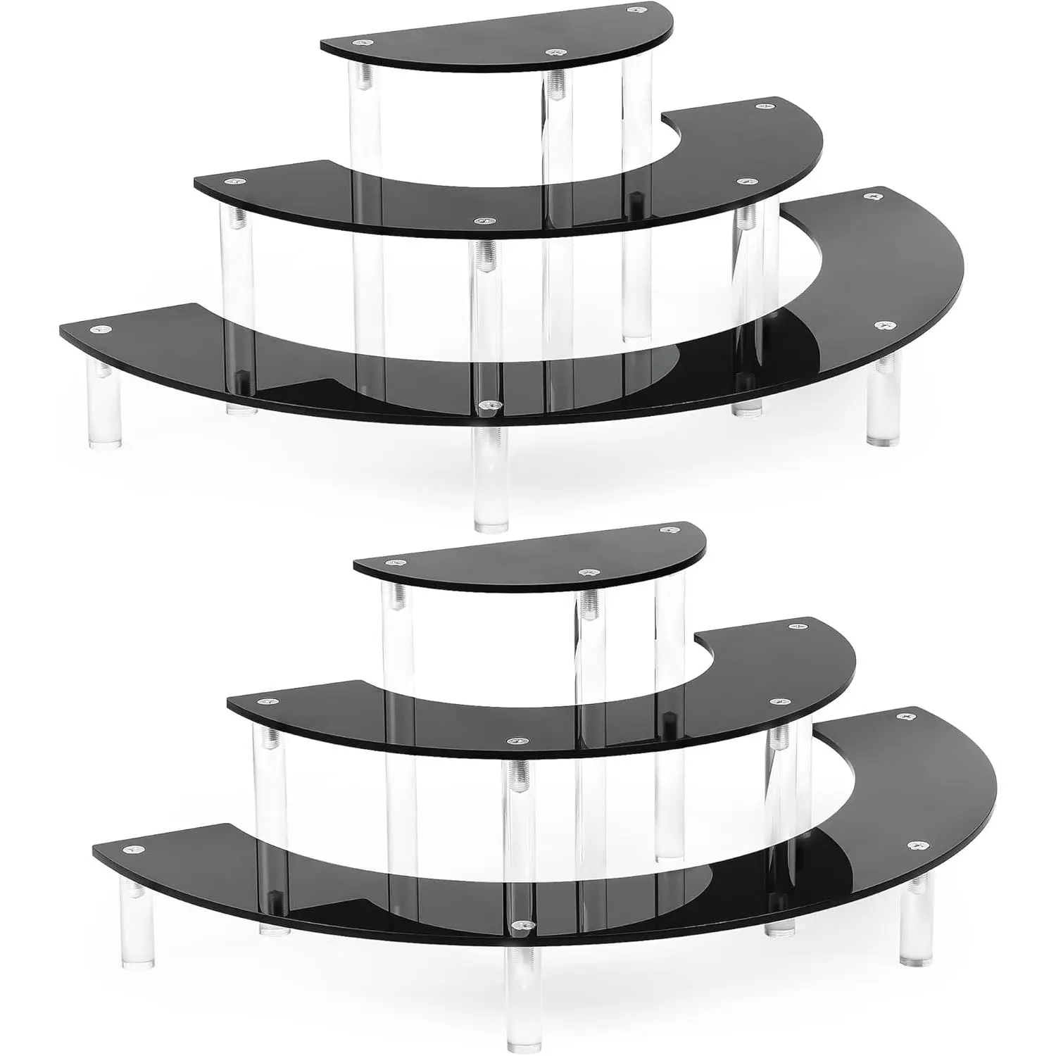 Display Stand Shelf For Pop Figure, 3 Tier Black Acrylic Cupcake Stand, Perfume Organizer Stands, 2 Pack Half Moon Dessert Stand for Display Or