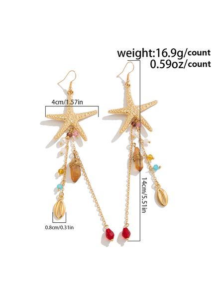 Women's Boho Style Alloy Statement Earrings Set, Ocean-Inspired Starfish Shell Design, Irregular Crystal Beaded Dangle Jewelry for Daily Wear & Vacation