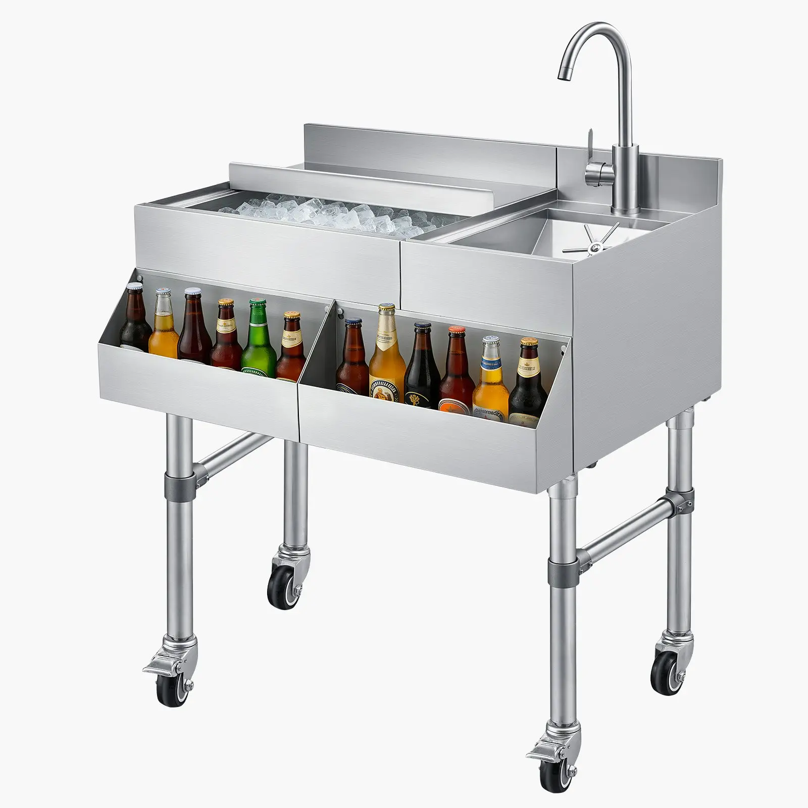 【DealsForYouDays】VEVOR Commercial Ice Bin with Sink Faucet, 60 Qt Max Capacity, 24x 19x 35 Inch Stainless Steel Ice Chest with Sliding Lid and Bottle Holders, Cooler Cart Cocktail Unit for Bar Restaurant Pub