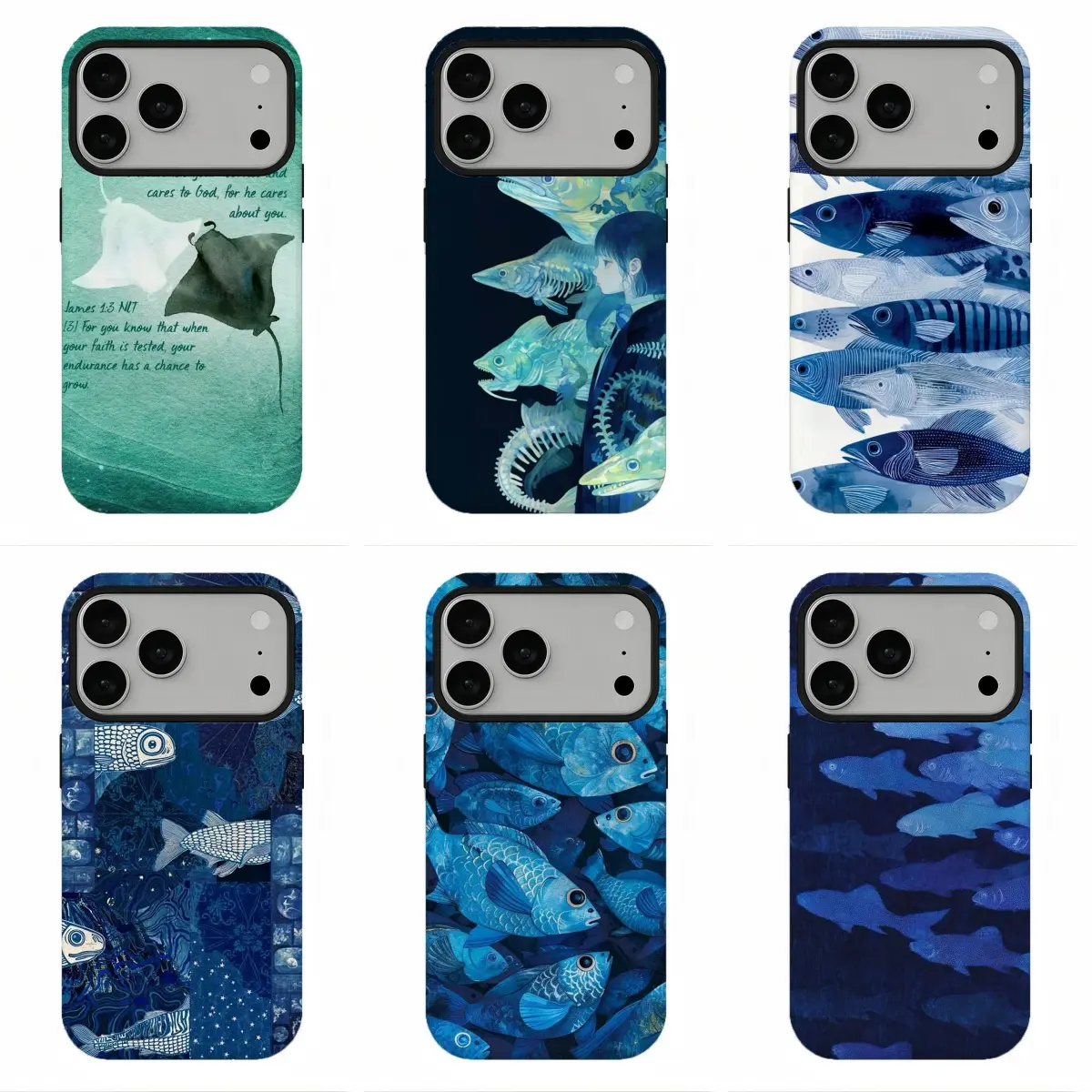 Viral Gradient Blue School of Fish Minimal Phone Case - Durable Protective Cover for iPhone 17 Pro Max,16,15,14,13,12,11 & Samsung S26-S21 - Fairycore Minimalist Aesthetic, Calm Ocean Vibe, Holiday Gift