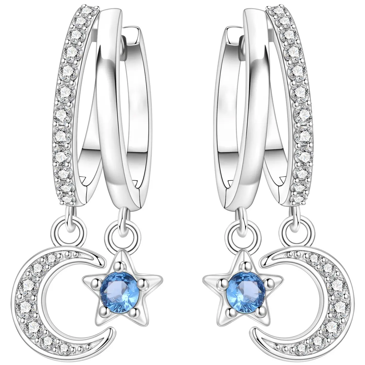 Celestial Double Hoop Earrings for Women, Silver-Tone Star & Moon Dangle Charms with Blue Gemstone Accent, CZ-Paved, Lightweight with Snap Closure, Daily, Casual, Whimsical Earrings, Bling Effect, Daily Wear
