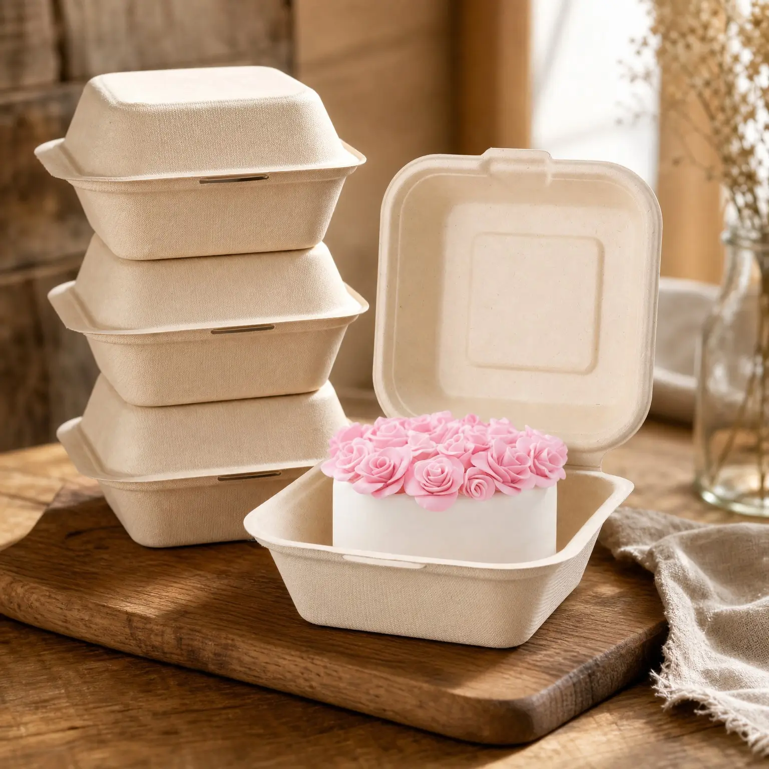 6x6 Inch Compostable Sugarcane Bagasse Clamshell Takeout Food Containers | 4 Inch Bento Cake Box & Burger Container, PFAS-Free Heavy Duty Microwavable Eco-Friendly Hinged BoxesGift