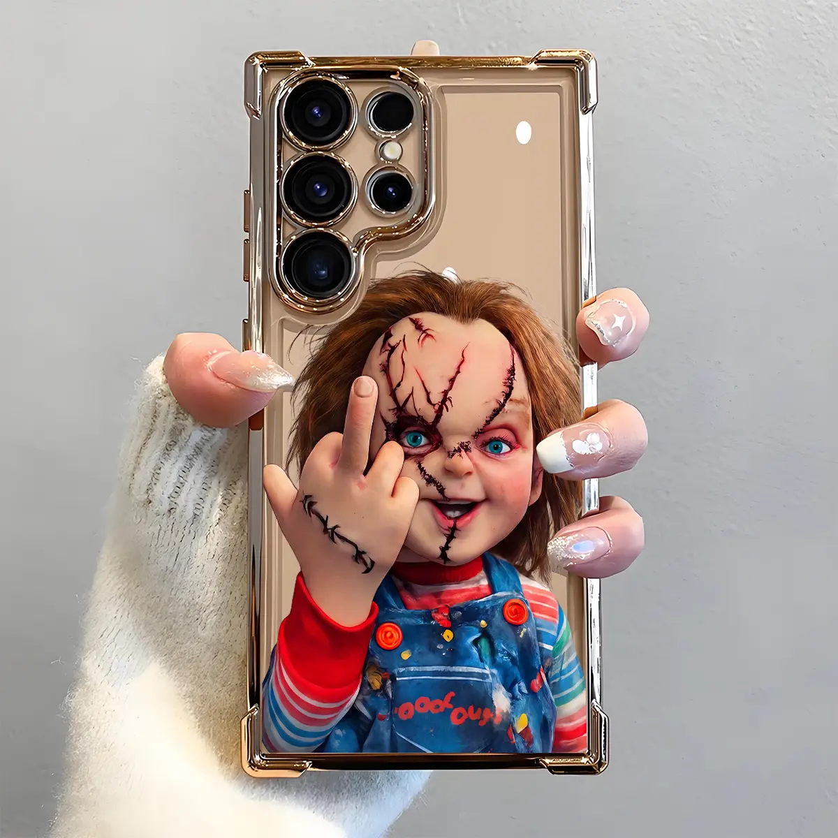 Chucky Creepy Gesture Pattern Phone Case, Electroplated Cover with Airbag Shockproof Slim Soft TPU Cover for Samsung S26 S25 S24 S23 S22 Ultra S25Edge S24FE Plus S25+ , Halloween Horror Movie