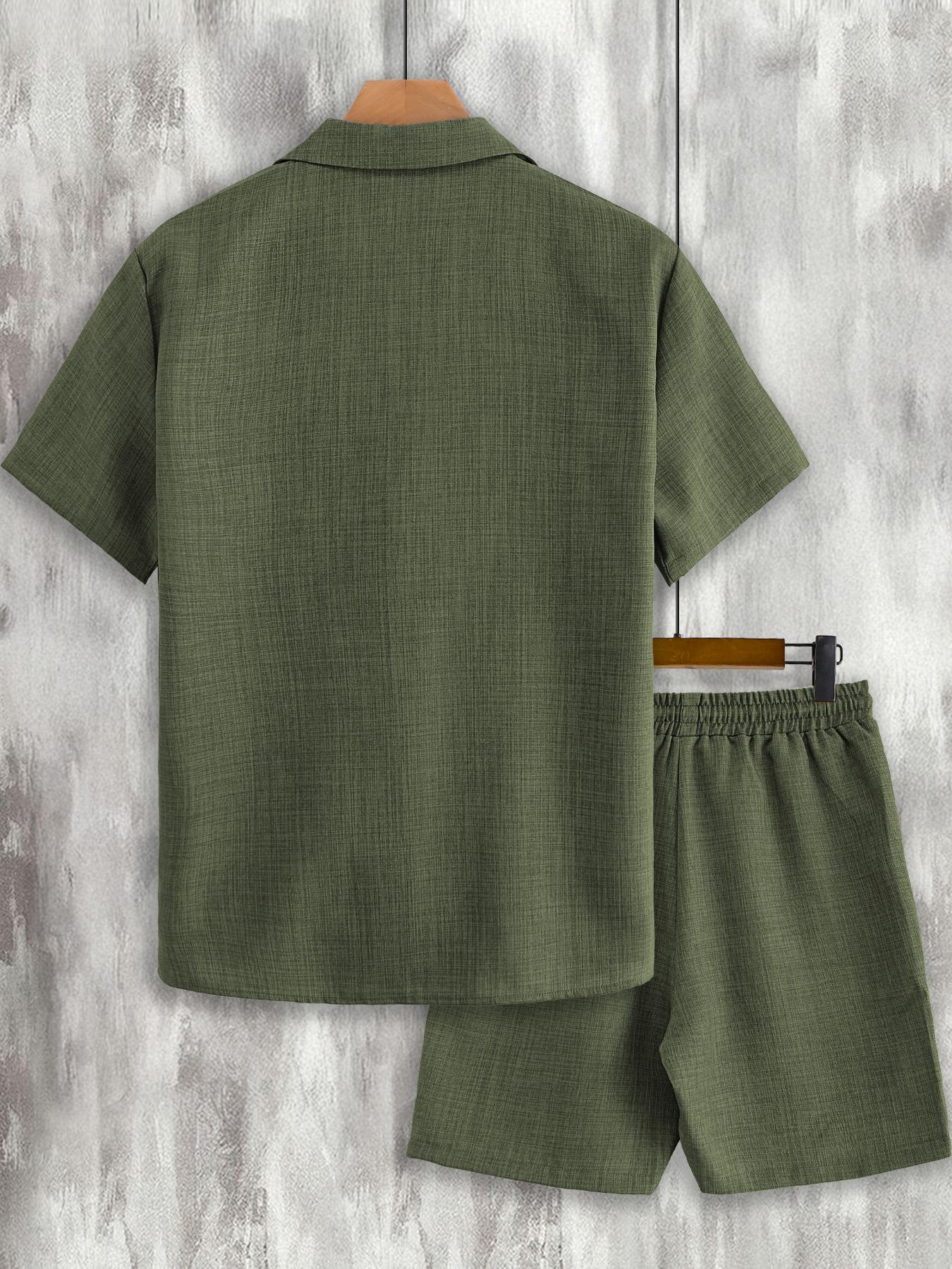 Men's Button Front Shirt & Drawstring Waist Shorts Loungewear, Casual Comfy Short Sleeve Top & Shorts Set, Men's Loungewear for Summer, Menswear, Relaxed Fit Loungewear, Shorts Pajama