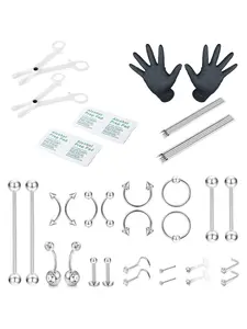 1 Set Complete Professional Body Piercing Kit for Women Men Stainless Steel Multi-Piercing Jewelry Set with Disposable Tools Alcohol Wipes Piercing Needles for Nose Lip Tongue Eyebrow Belly Ear Cartilage for Beginners Piercing Artists