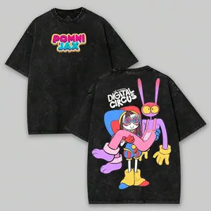 Acid Washed Cotton Crew Neck Short Sleeve Tee Pomni Jax The Amazing Digital Circus Double Sided Graphic Soft Breathable Loose Vintage Streetwear Casual Top Ideal Animation Fan Holiday Birthday Gift Adult Men Women All Season Summer Layering Outfit
