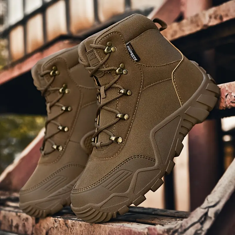 Men's High Top Tactical Boots - Leather Upper, Rubber PU Sole, Lightweight, Breathable, All Season for Outdoor Trekking & Work