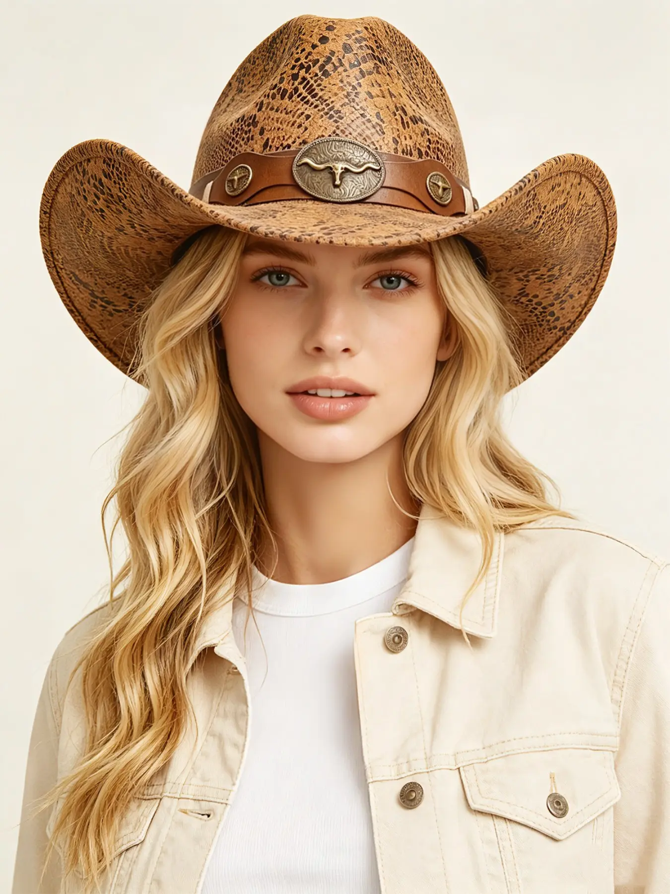 Classic Western Cowboy Hat with Bull Head Decoration, Python Print Design, Perfect for Parties and Dance Events, Stylish and Unique Accessory, Cowgirl Hat
