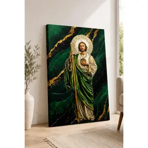 St. Jude Inspired Religious Canvas Wall Art - Green-Gold Christian Saint Poster Print, Faith-Based Home Decoration, 12x18 Inch/20x30 Inch Unframed Poster or Framed Canvas Wrap for Dining Room, Kid Room
