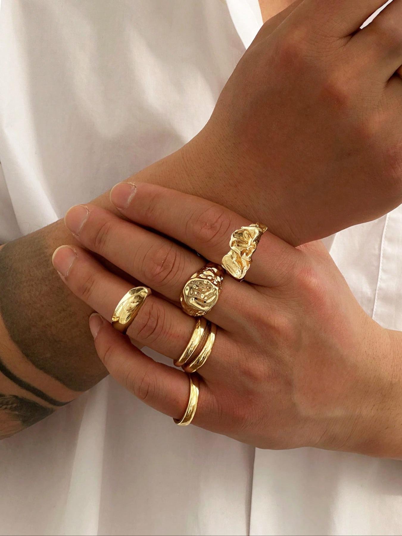 Men's Punk Style Geometric Liquid Metal Set, Zinc Alloy Adjustable Jewelry, Casual Fashion Accessory for All Seasons, Stacking Ring Set, Geometric Design Ring, Statement Rings