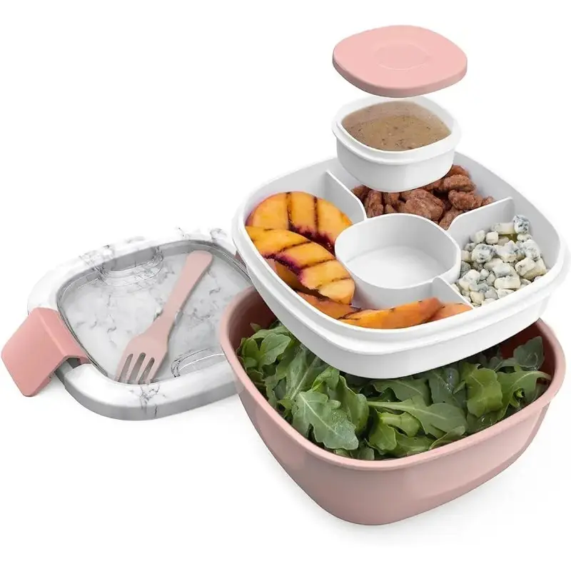 Stackable lunch container, equipped with a 50 ounce (approximately 1530.9 grams) large salad bowl, 4 grid bento tray for topping, 3 ounce (approximately 85.0 grams) sauce container, built-in reusable fork and (B)