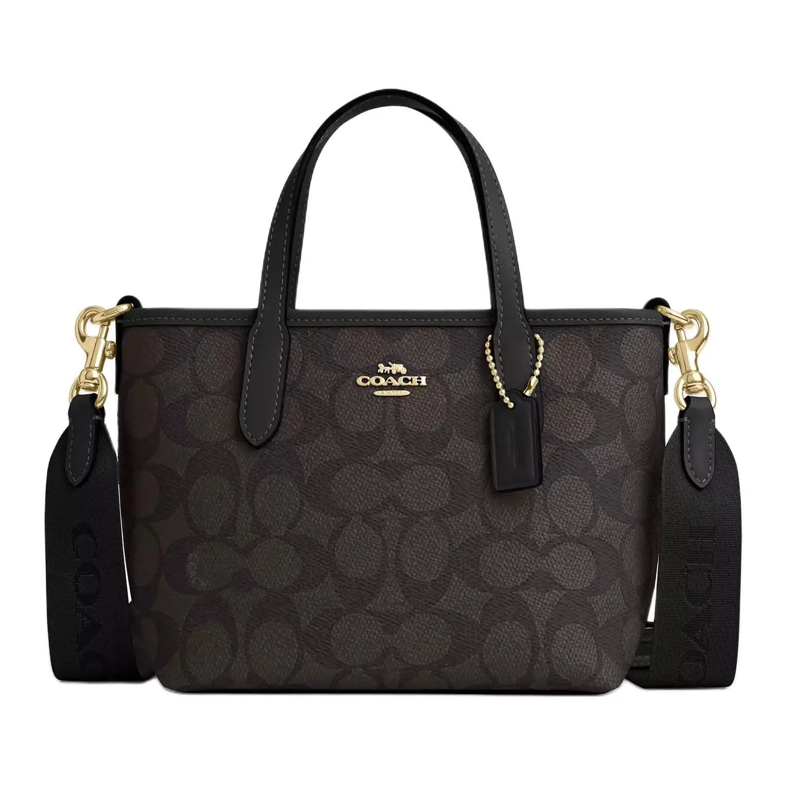 COACH City 15 Detachable Strap Faux Leather Tote Bag for Women, Mini Style, Black