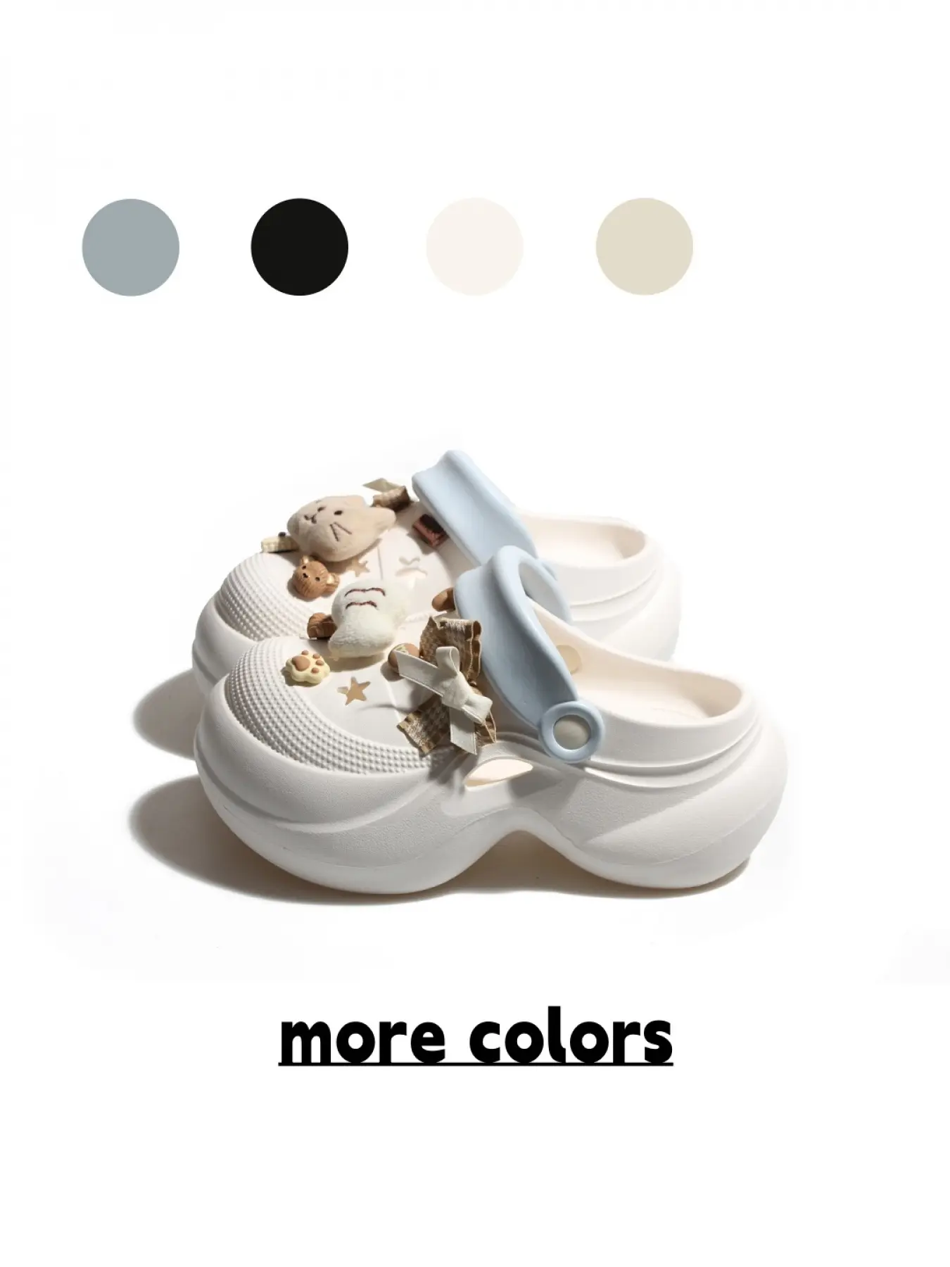 Women's Off-white & Ice Mist Blue Color-block Korean-style Cute Two-way Clogs with Fuzzy Cat & Bear Decor, Wear-resistant Anti-slip Chunky Slides for Outdoor Casual & Beach Vacations Footwear