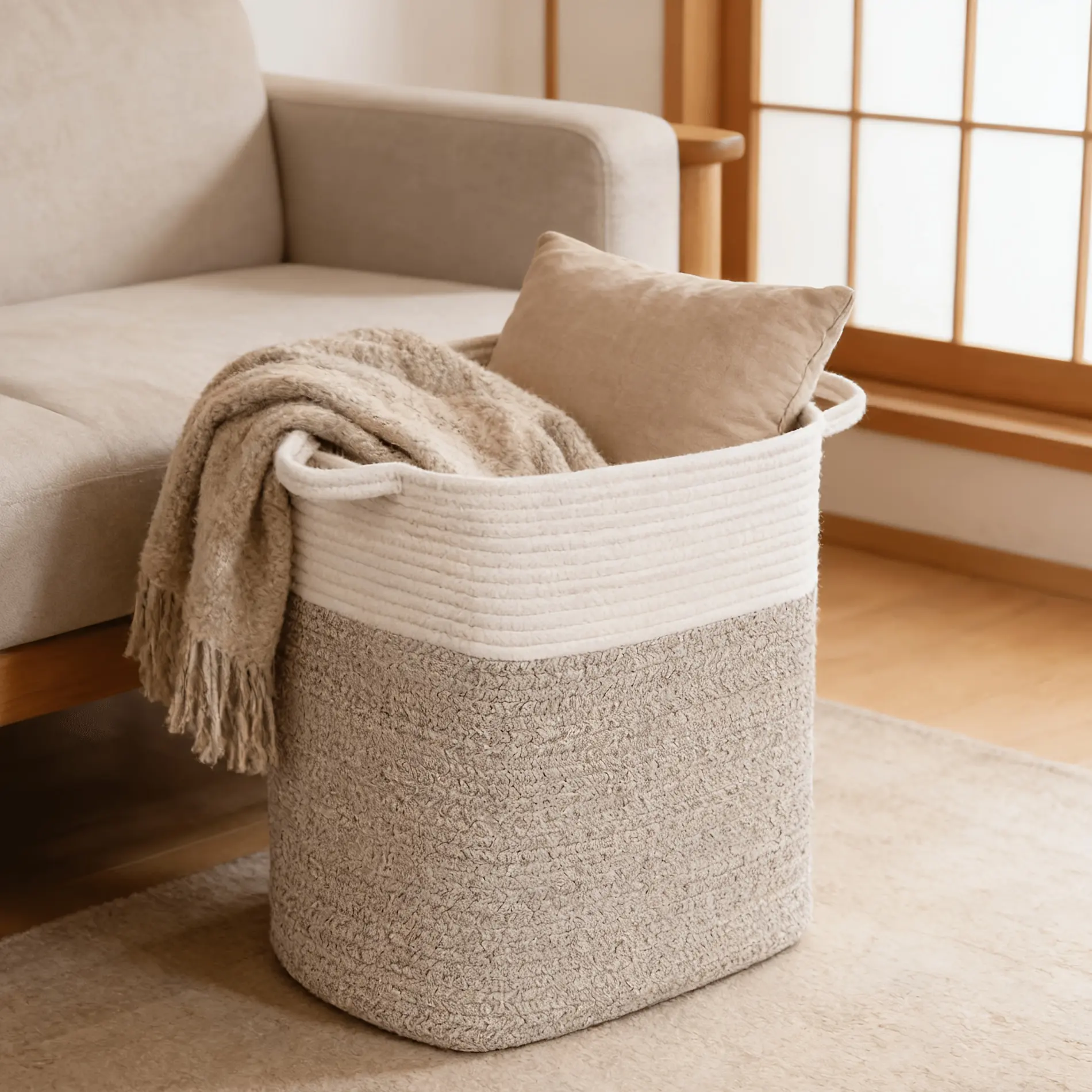 Woven Storage Basket with Handle, Boho Style Fabric Organizer, Room Decorative Item, Model 0349, Ideal for Home Organization
