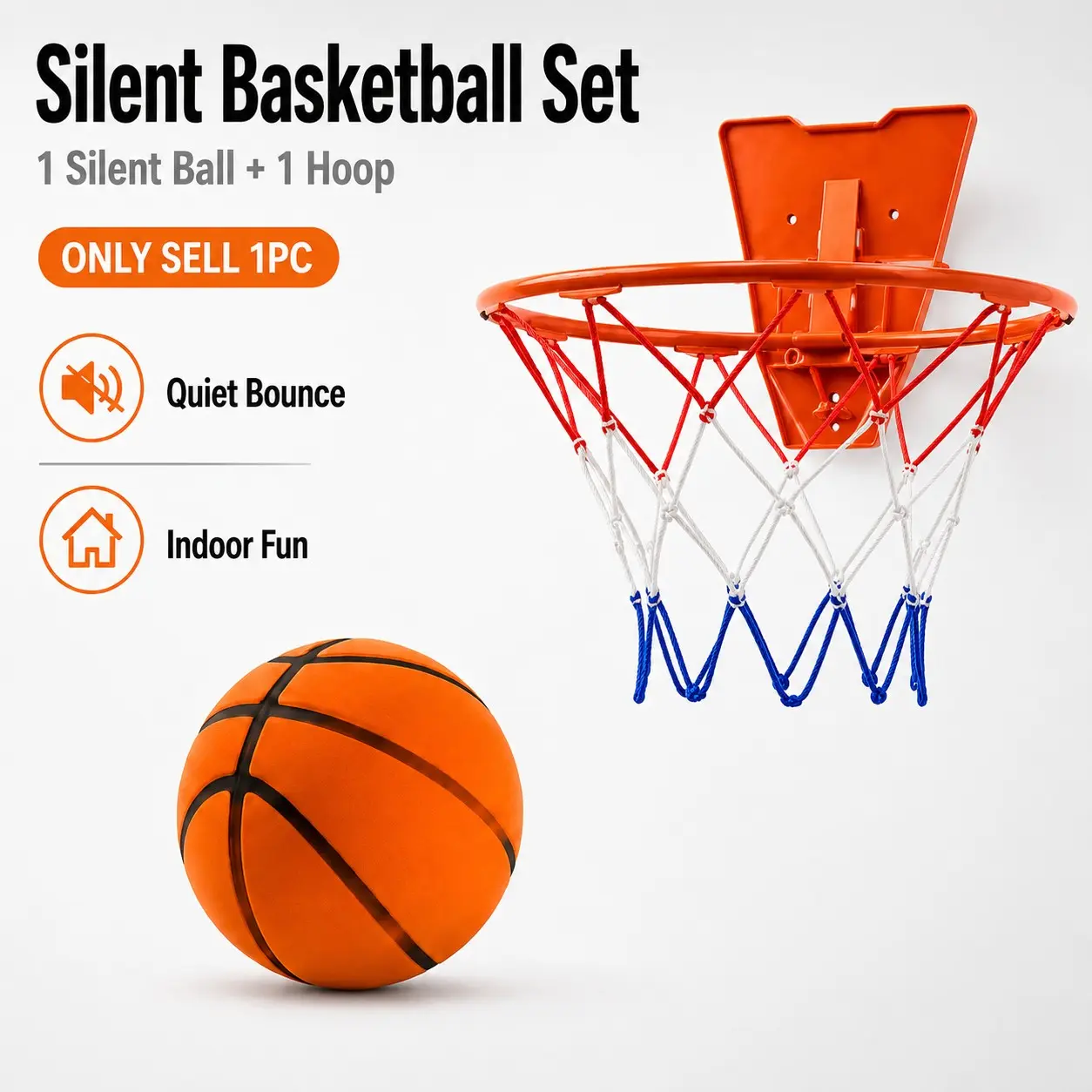 Quiet Indoor Basketball Set, Low Noise Basketball, Silent Rebound Ball and Hoop, Quiet Practice Ball, Noiseless Rebound Ball, Indoor Sports Equipment