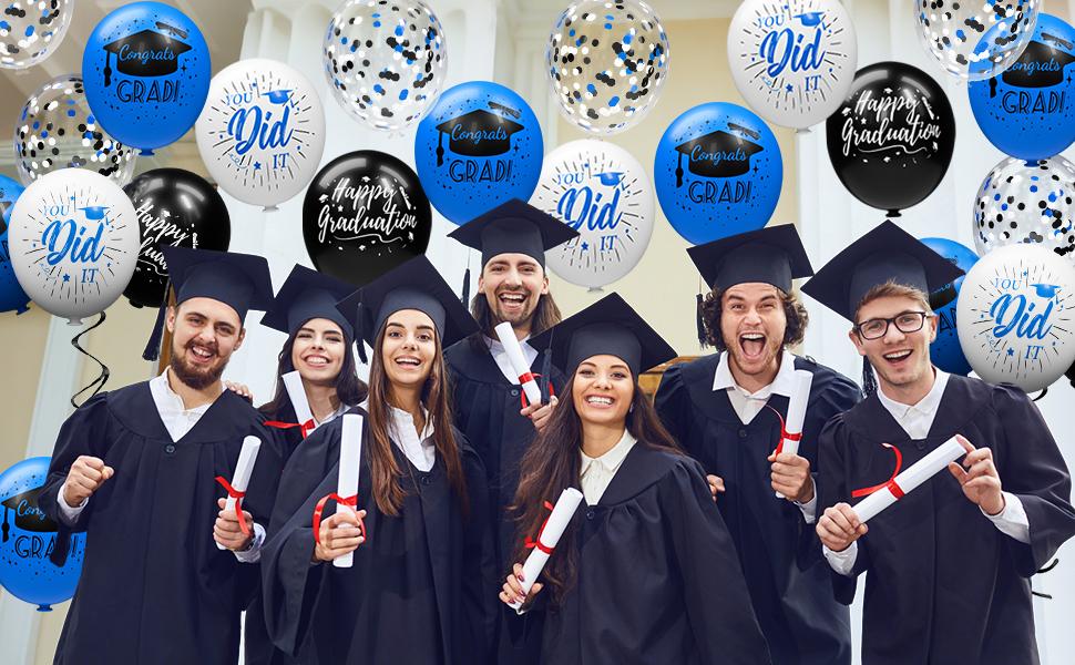 78 Pack Blue and Black Graduation Balloons Class of 2026 Graduation Decorations - 12 Inch Royal Blue White Congrats Grad Balloons with Ribbons, 2026 Grad Party Decorations for College, High School