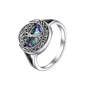 Vintage Antique Silver Tree of Life Ring for Women Celtic Knot Wicca Abalone Shell Signet Ring Norse Mythology Multi Size Statement Jewelry Lot