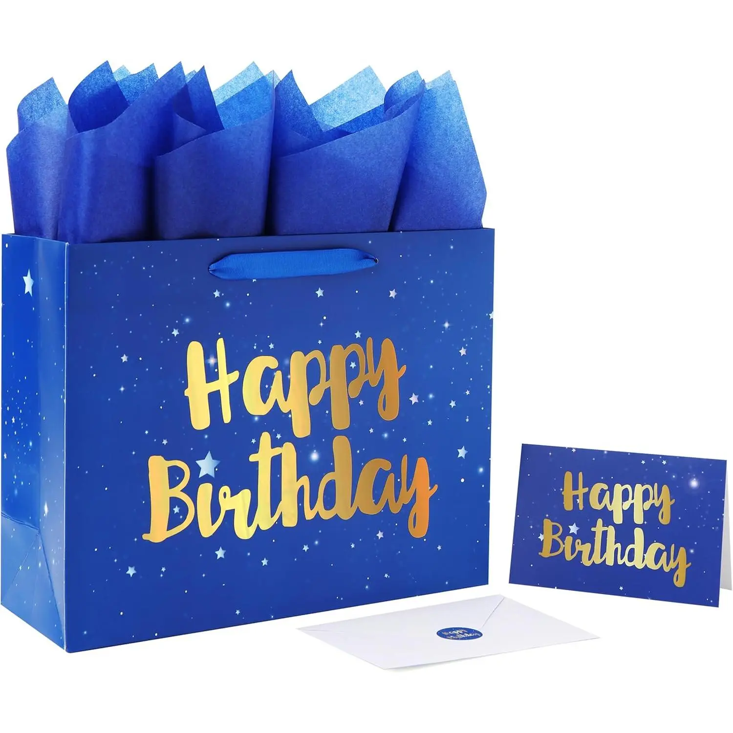 13" Large Blue  Bag Set with Greeting Card and Tissue Papers (Stars and  Foil'Happy Birthday') for Men's or Boys, Girls or , , Husband, Father