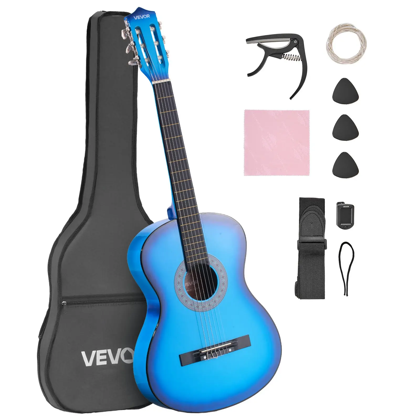 【DealsForYouDays】VEVOR Classical Guitar, 38 Inch, Wood Classical Guitar Starter Kit for Beginners, with Nylon Strings, Gig Bag, Strap, Tuner, Extra Strings, Picks, Capo, Basswood, for Teenagers Adults Students, Blue
