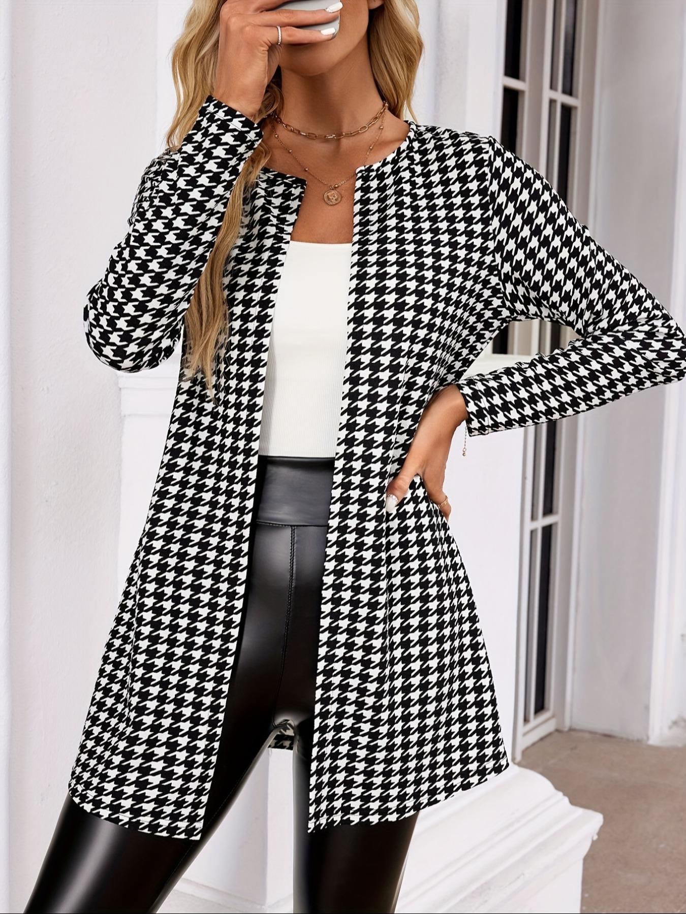 Women's Houndstooth Print Long Sleeve Open Front Jacket, Casual Elegant Outerwear for Spring & Fall, Ladies Clothes for Daily Wear, Womenswear
