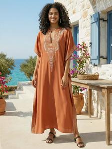 women's ethnic pattern embroidering notched neck holiday dresses, casual trendy boho loose batwing sleeve long dresses for summer vacation party, moo moo dresses for women, homecoming dresses, boho earthy girl clothes