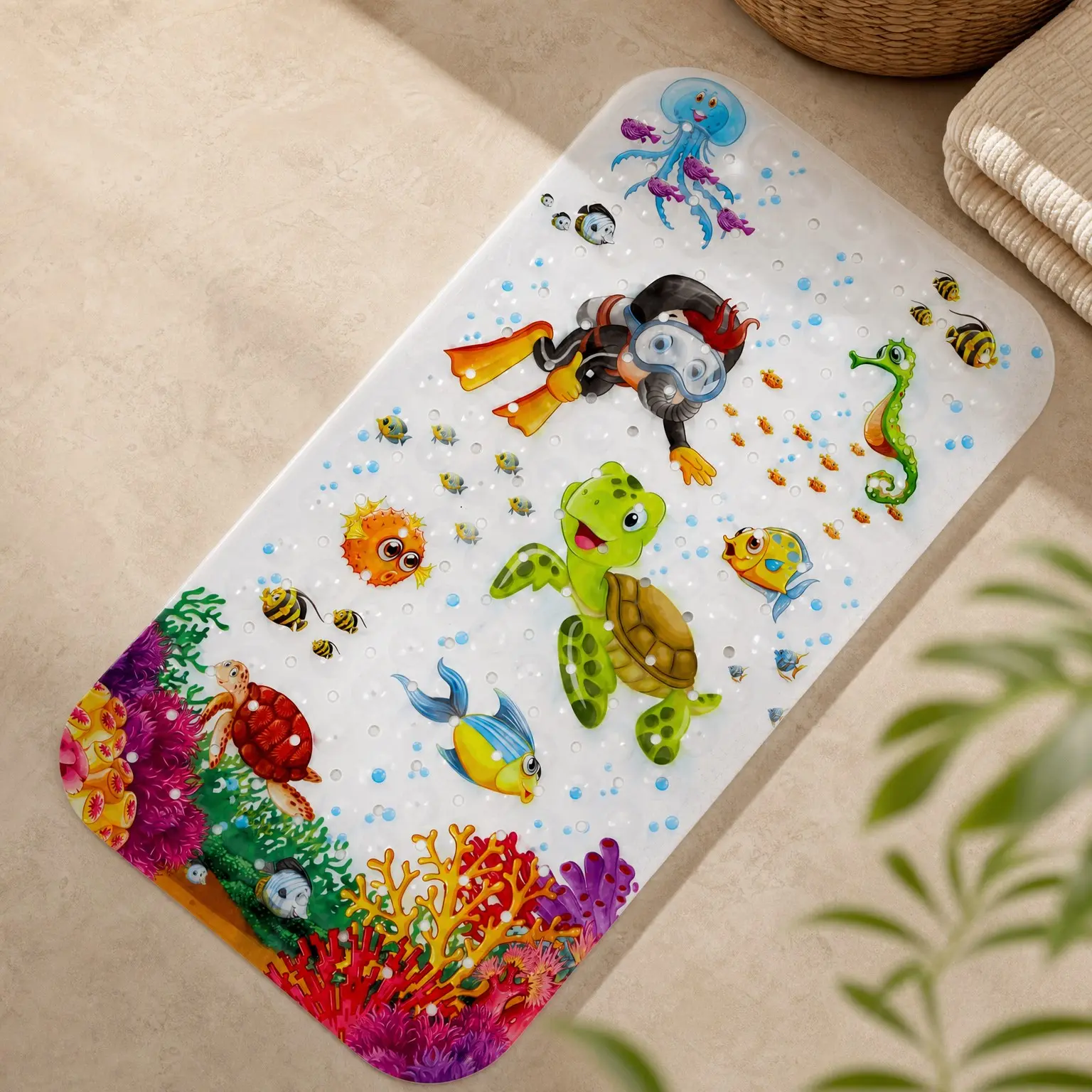 Cartoon Turtle Non-Slip Bathtub Mat, 27.5" x 15" Rectangular Bath Mat with Drain Holes and Suction Cups, Machine Washable, for Toddlers & Kids, Bathtub and Shower FloorGift