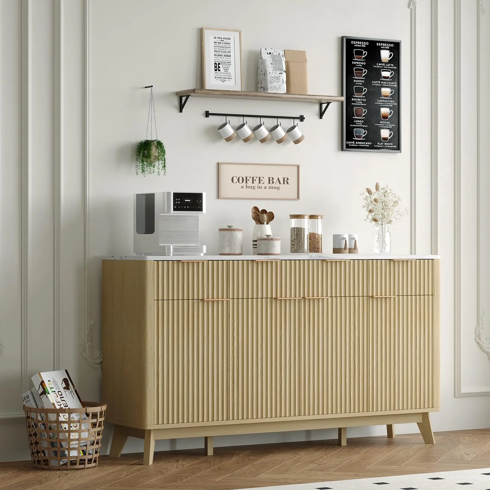 Garvee 60" Large Fluted Buffet Sideboard Cabinet with Drawers,  Modern Farmhouse Buffet Storage Cabinet with Adjustable Shelves and Doors, Wood Coffee Bar Station Kitchen Console Table (Oak Color)