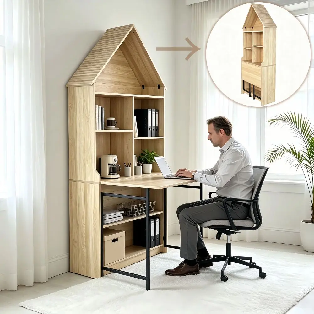 Littleox Folding Craft Desk with Storage Shelves, Convertible Hideaway Desk to Bookshelf, Foldable Desk with Storage, Disappearing Desk for Small Spaces, Multifunctional Converted Craft Table, Vanity Desk