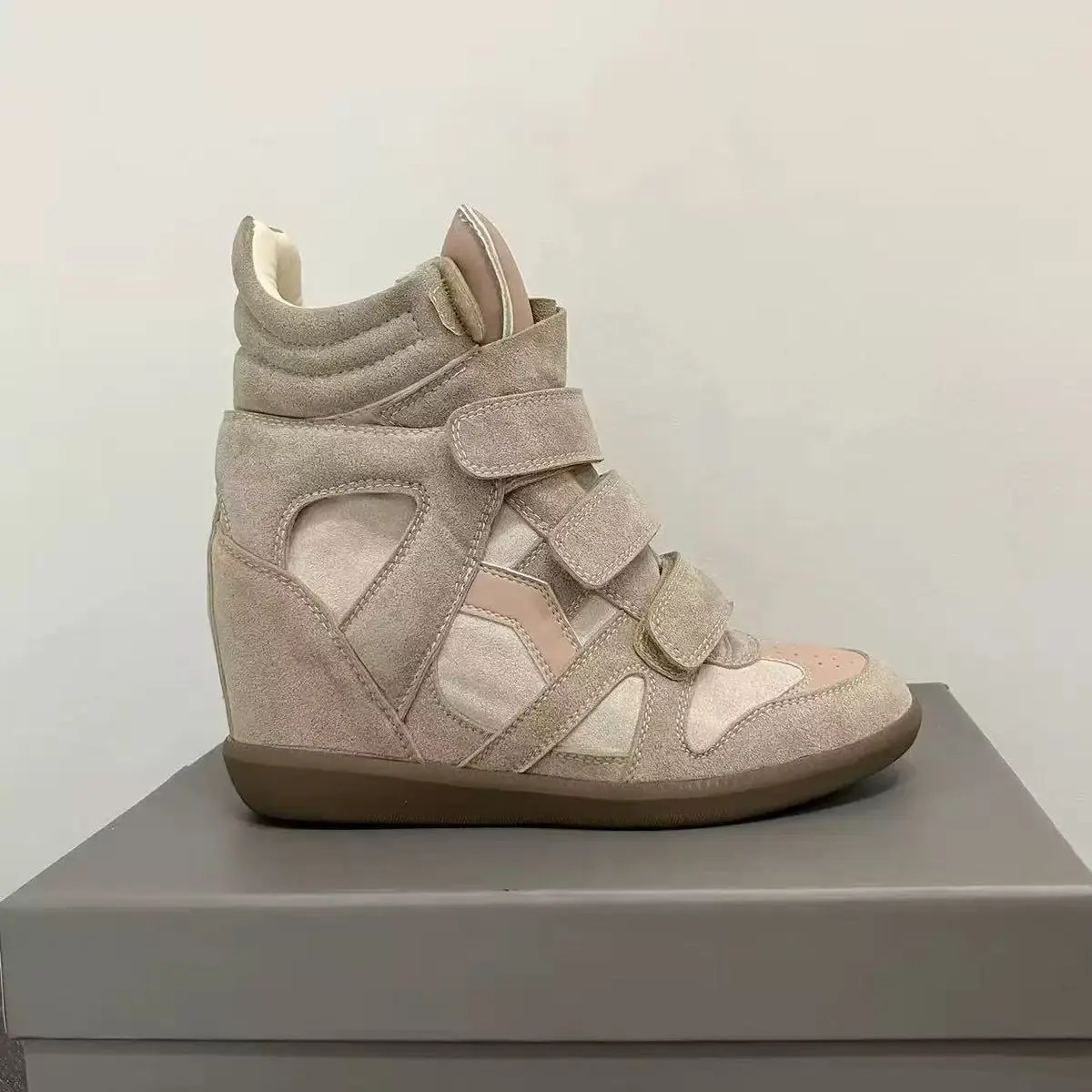 Women's Fashion Wedges, Cute High Top Shoes in Faux Suede with a Hidden Heel, Height-Increasing Walking Style with Velcro Straps & Gum Sole, Walking Shoes, Sneaker, Shoes For Women