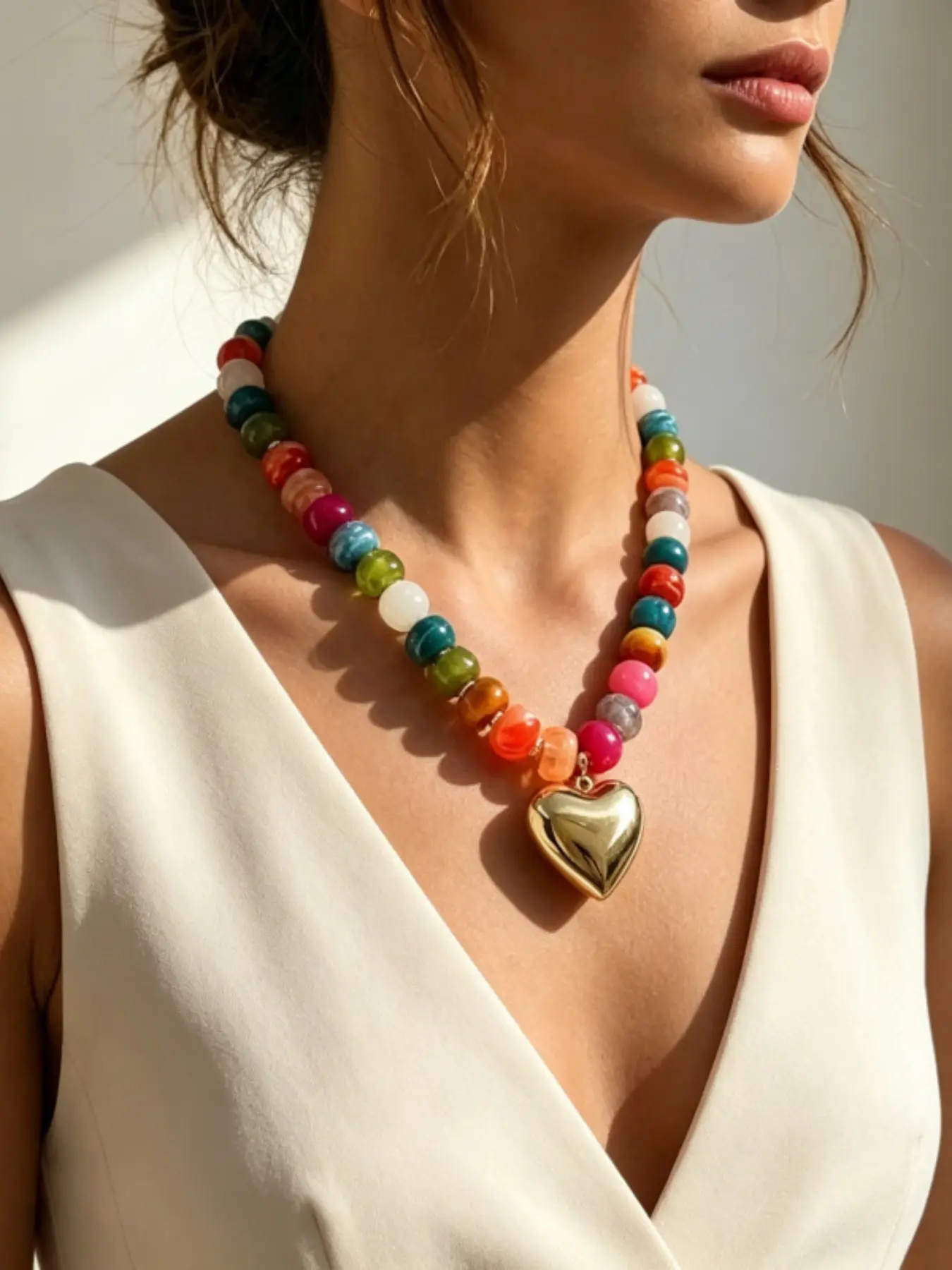 Viral 2026 Chunky Puffy Gold Heart Choker Necklace | Colorful Resin Acrylic Beaded Statement Necklace | Y2K Boho Summer Beach Vacation Bold Aesthetic Everyday Party Jewelry for Women Birthday Graduation Gift Beaded Necklaces