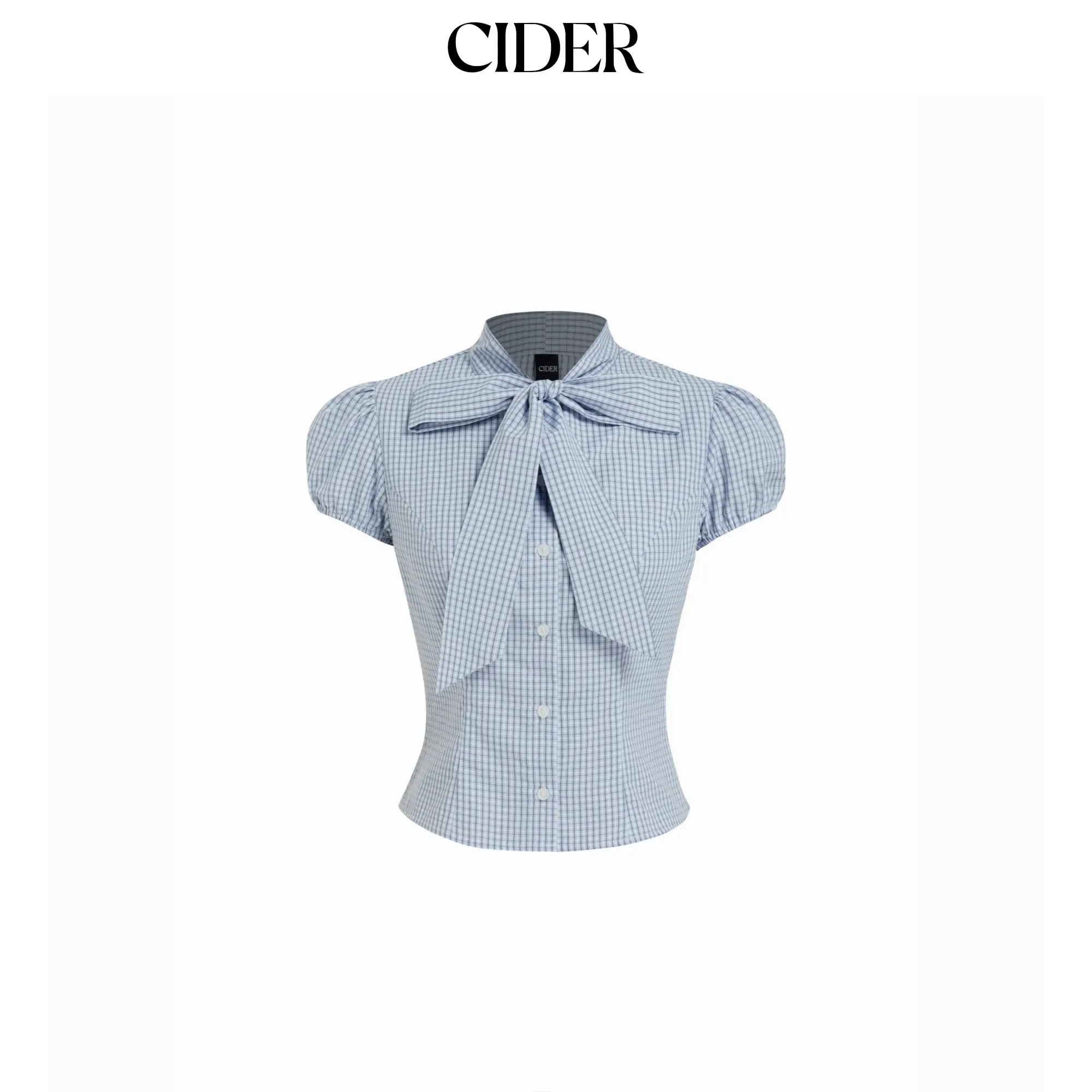Cider Cotton-blend Gingham Puff Sleeve Bowknot Crop Blouse SummerFinds