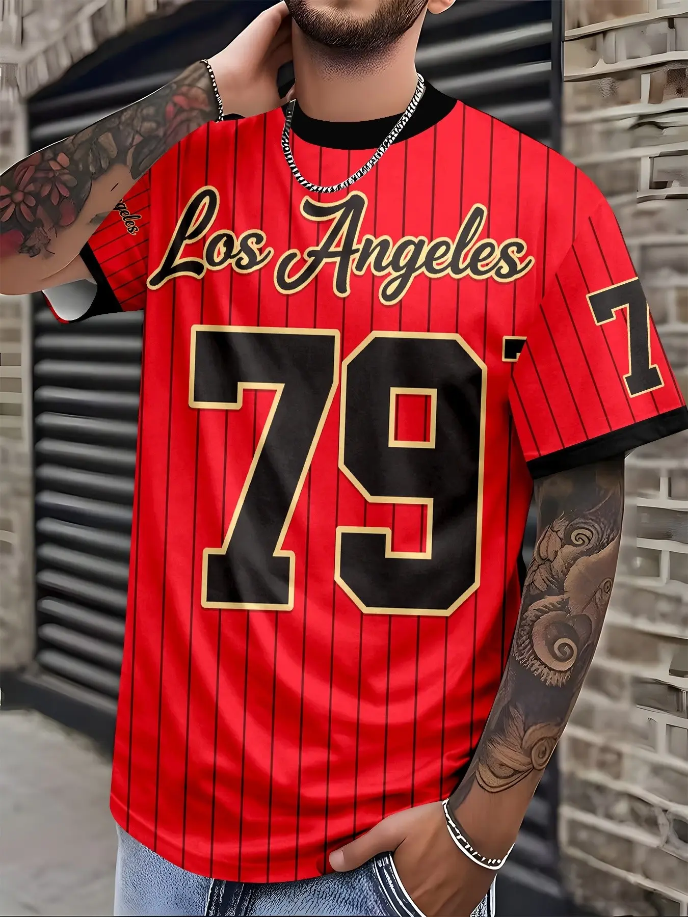 Men's Los Angeles 79 Vertical Stripe Baseball Style T-Shirt, American Vintage Classic Sport Short Sleeve, Streetwear Casual Fan Favorite Top, Menswear, Casual Streetwear Clothes